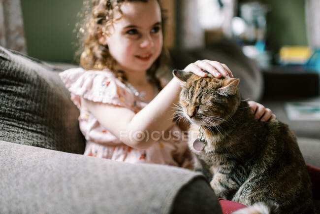 Niña jugando con su gato en el sofá de la sala - foto de stock