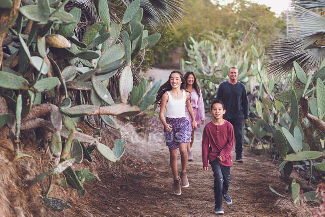 Familia mixta de cuatro personas caminando por un sendero de cactus. - foto de stock