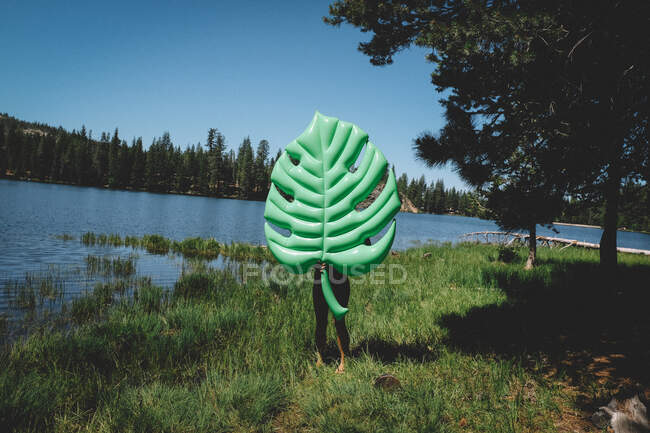 Woman Hides behind Giant Philodendron Floatie at a summer lake — Stock Photo