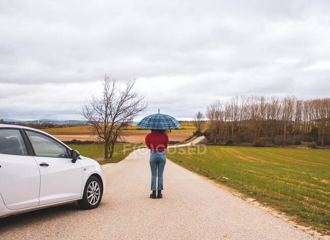 Mujer con paraguas en medio de la carretera junto al campo con coche - foto de stock