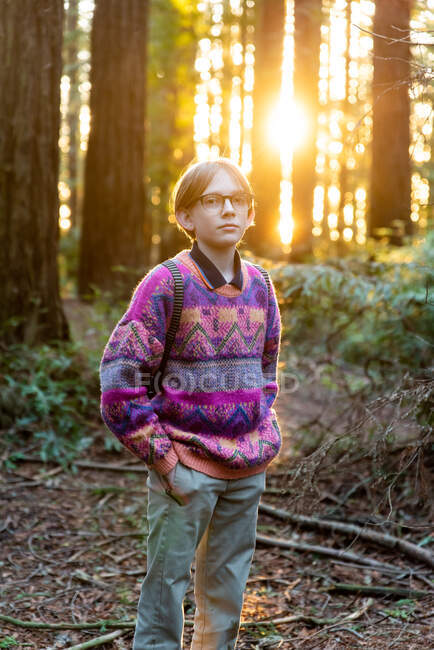 Portrait of young person standing in forest with sun setting — Stock Photo