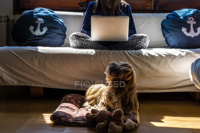 Молодая женщина сидит на полу и использует ноутбук — стоковое фото