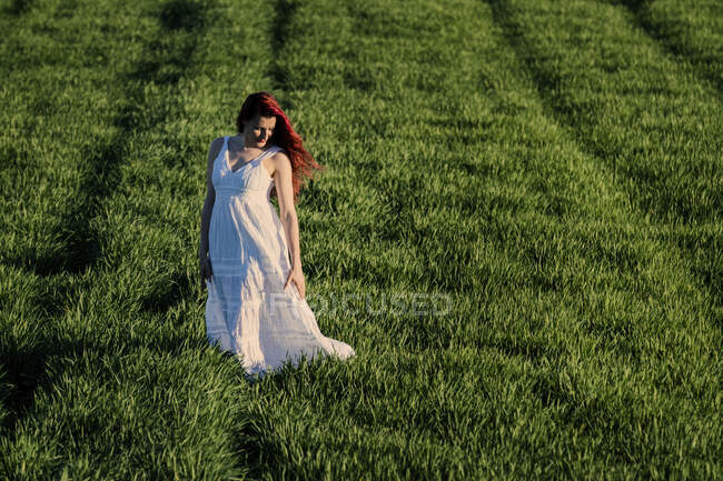 Jovem posando no campo verde — Fotografia de Stock