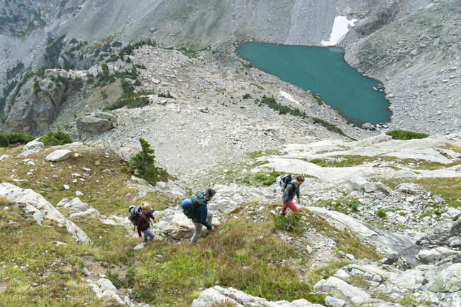 Vue en angle élevé d'amis masculins et féminins faisant de la randonnée en montagne pendant les vacances — Photo de stock