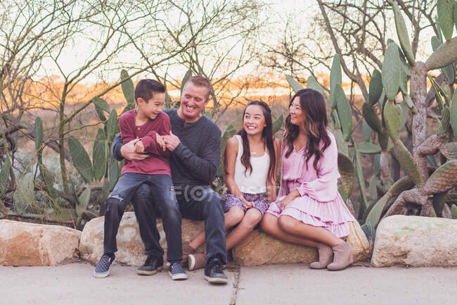 Familia de cuatro sentados en una roca y sonriéndose el uno al otro. - foto de stock