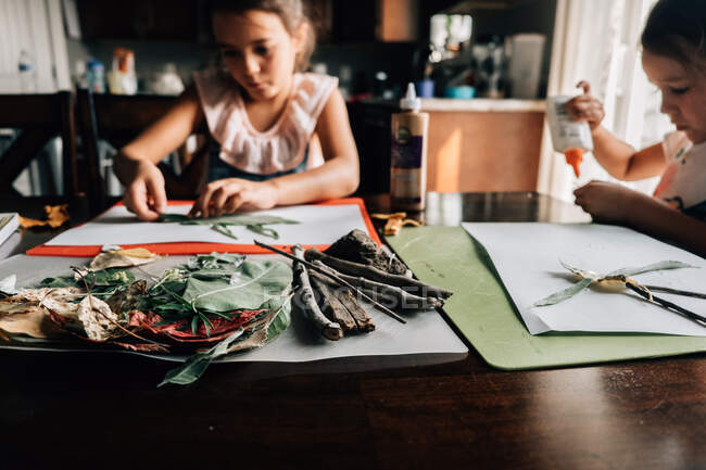 Girls make art projects from nature twigs leaves at homeschool — Stock Photo
