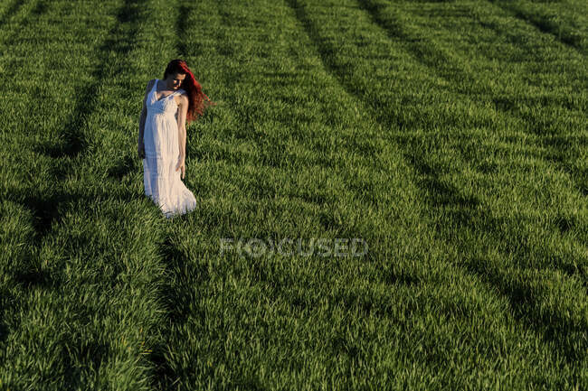 Young woman posing  in green field — Stock Photo