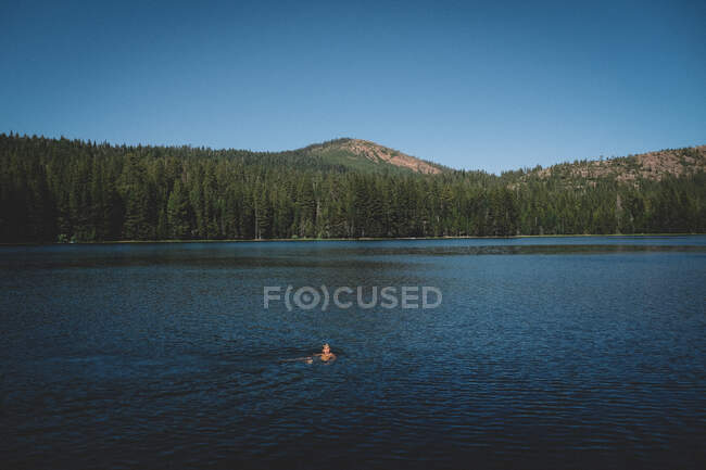 Piccola vista a distanza di un ragazzo Lago di nuoto in estate — Foto stock