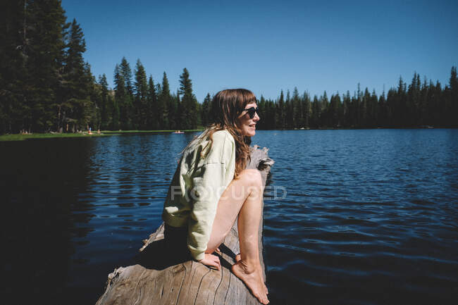 Linda morena con las piernas desnudas sentada en Log on a Beautiful Lake - foto de stock