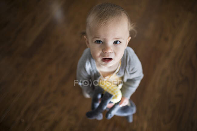 Looking down at toddler girl holding stuffy. — Stock Photo