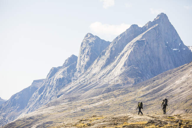 Два альпіністи оглядають перевал Акшаяк (острів Баффін). — стокове фото