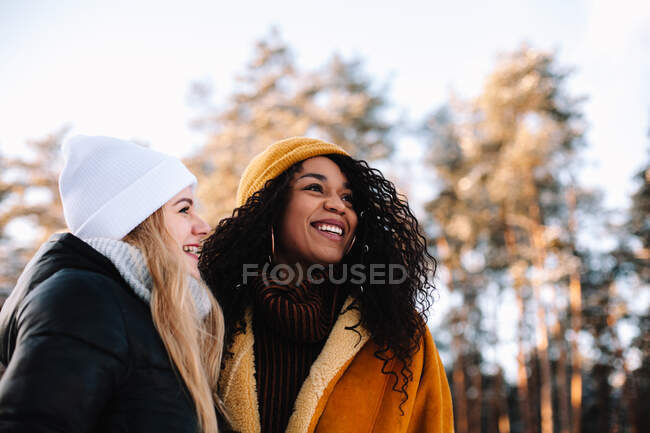 Portrait of happy girlfriends standing in forest during winter — Stock Photo