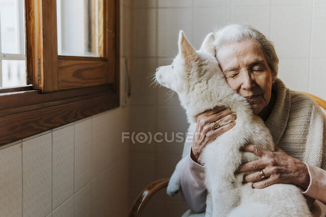 Ältere Frau umarmt zärtlich ihren weißen sibirischen Husky-Welpen — Stockfoto