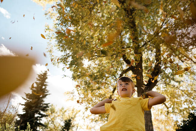 Jovem vestido de amarelo brincando em folhas no outono — Fotografia de Stock