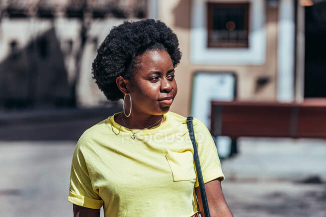 Portrait d'une Afro-Américaine marchant dans une rue de la vieille ville. — Photo de stock