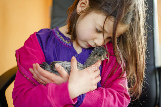 Une petite fille mignonne berce un petit poulet bébé dans ses bras à l'intérieur — Photo de stock