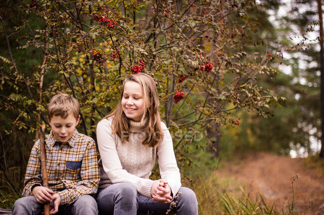 Dois adolescentes loiros, uma menina e um menino, uma irmã e um irmão sentam-se na floresta de outono e se divertem conversando. — Fotografia de Stock