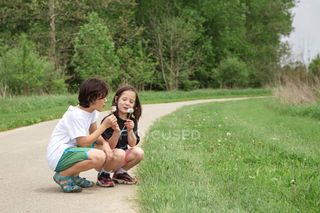 Two smiling children kneel down together to blow dandelion seeds — Stock Photo