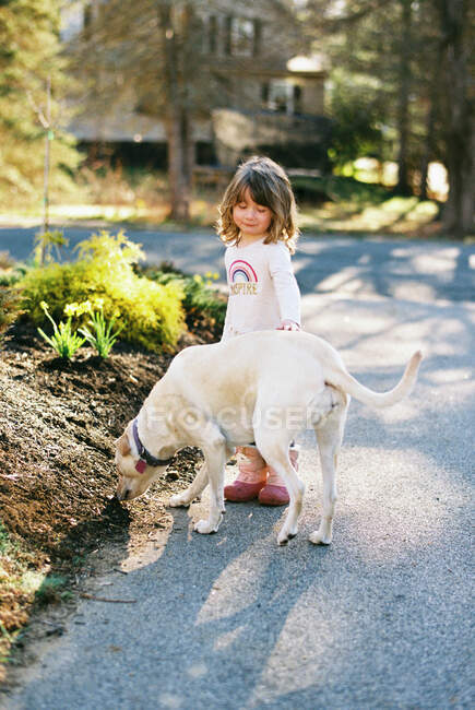 Una pequeña niña de pie en su camino acariciando a su perro - foto de stock