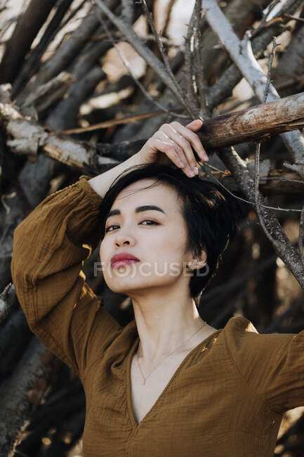 Молодая красивая азиатская женщина позирует на открытом воздухе — стоковое фото