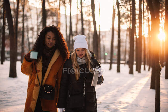 Друзья-женщины, гуляющие в парке на закате зимой — стоковое фото