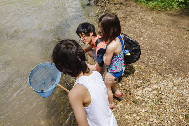 A father and two children stand by edge of creek with net exploring — Stock Photo