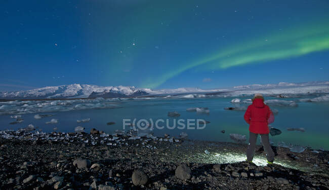 Жінка дивиться на Північне сяйво в Ісландії — стокове фото