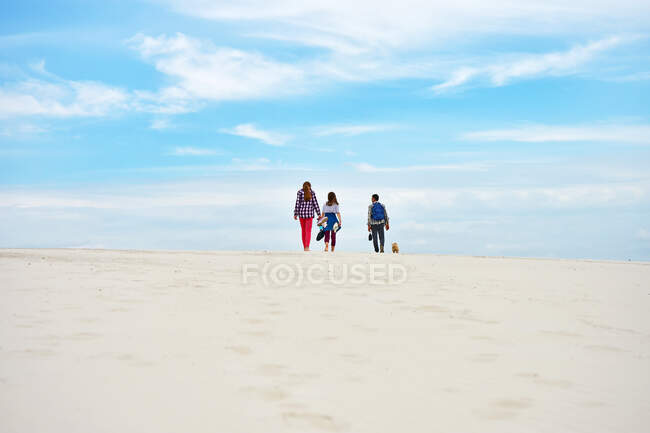 Papá y dos hijas con un perro escalan una caminata en una duna de arena - foto de stock
