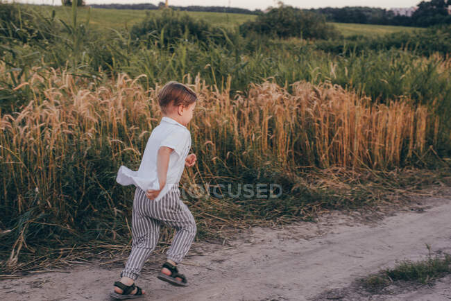 Ritratto di un bambino felice di 5 anni carino, con indosso una camicia bianca in piedi nel campo su erba verde — Foto stock