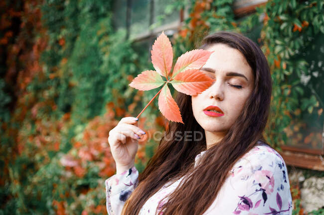 Красивая девушка с листком дикого винограда рядом с ее лицом — стоковое фото