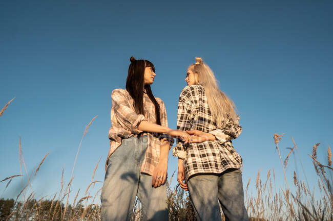 Fashion twin girls posing in bright clothes in the field — Stock Photo