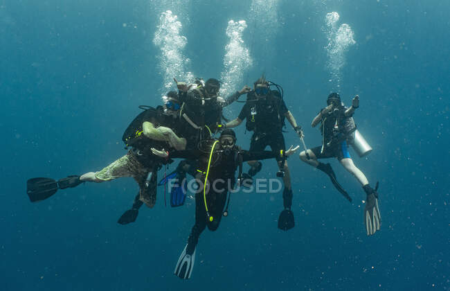 Group of divers performing the mandatory safety stop while ascending — Stock Photo