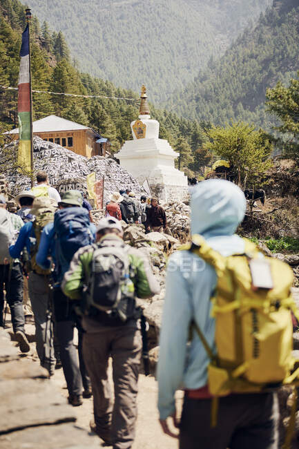 Trekkers ascendiendo hacia Namche Bazaar, Nepal - foto de stock