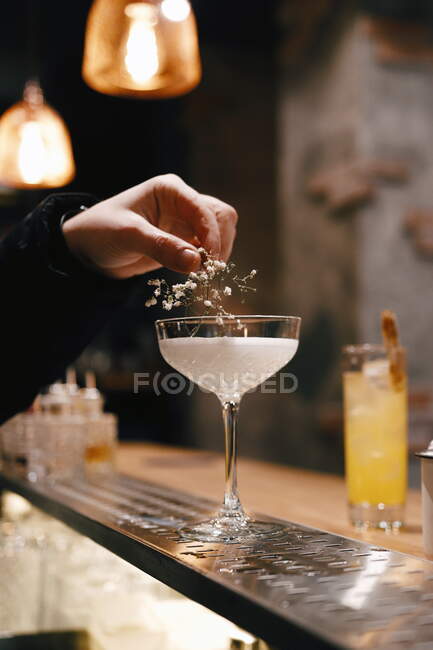 Barman e cocktail com flores em um balcão de bar — Fotografia de Stock