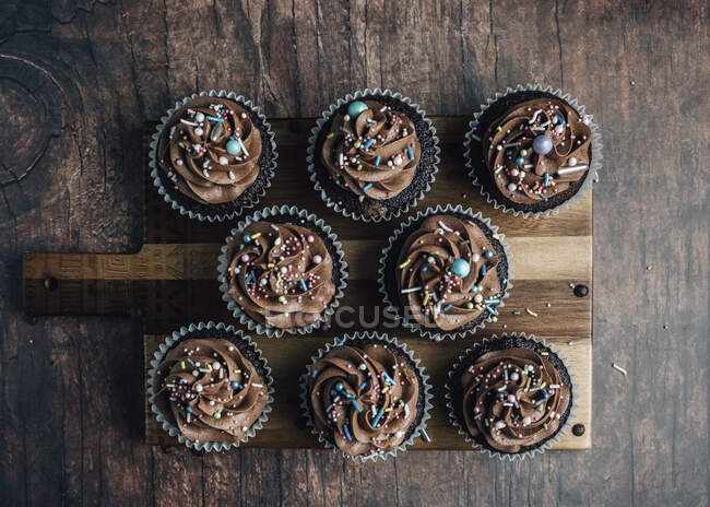 Chocolate cupcakes with icing sugar and sprinkles — Stock Photo