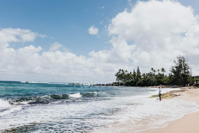 Мужчина стоит на пляже Оаху и смотрит, как входят волны. — стоковое фото