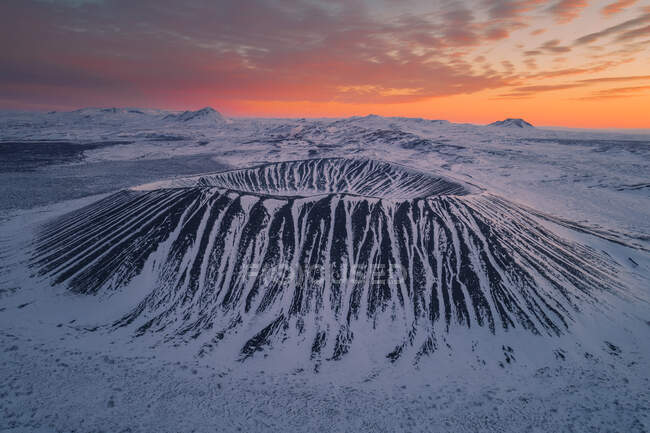 Hverfjall volcano crater from aerial view at sunrise — Stock Photo