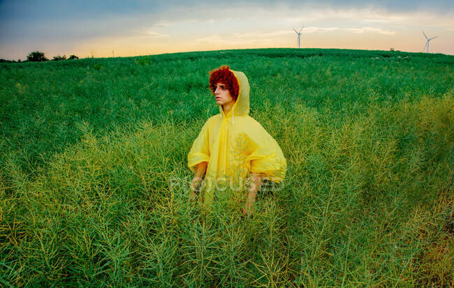 Young redhead guy in yellow raincoat on green rapeseed field — Stock Photo
