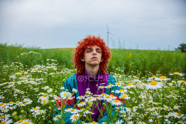 Chico joven con pelo rizado rojo en 80 traje deportivo en el prado de manzanilla - foto de stock