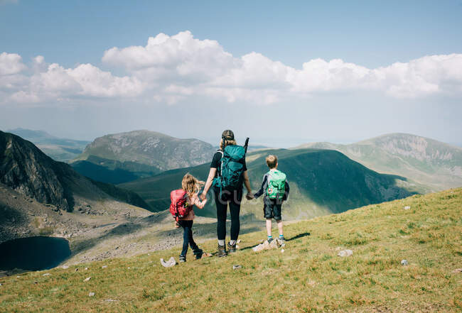 Maman prend un moment avec ses enfants pour profiter de la vue sur le mont Snowdon — Photo de stock