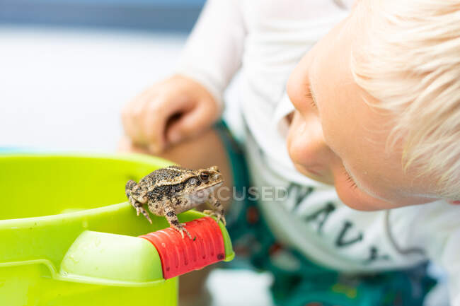 Young boy in swimming suit smiling at a toad on a green bucket. — Stock Photo