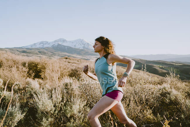 A woman trail runs through a field in golden light with mountain view — Stock Photo