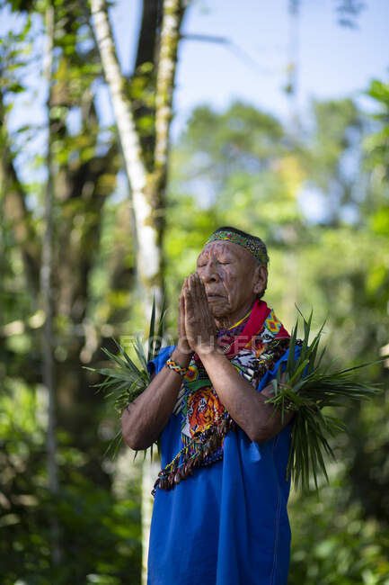 Chamán indígena Cofán rezando con las manos unidas en la selva amazónica - foto de stock