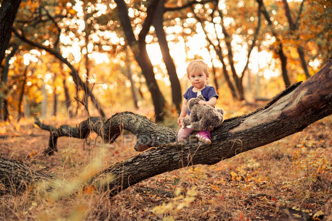 Kleines Kind sitzt im Herbstwald auf einem umgestürzten Baum — Stockfoto