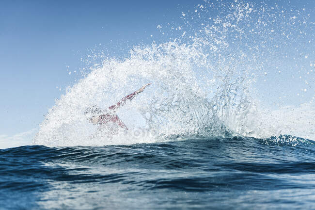 Maniobras de surfista, en la ola, medio cuerpo, por detrás - foto de stock