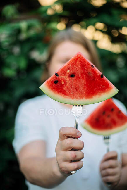 Unrecognizable woman holding watermelon slices on forks — Stock Photo