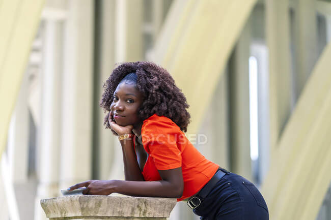 Bela fotografia de uma jovem mulher africana posando para ser fotografado — Fotografia de Stock