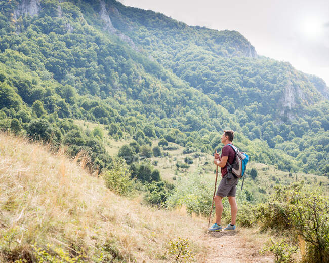 Adult, white man hiking in the mountains in summer, Romania country, Europe — Stock Photo