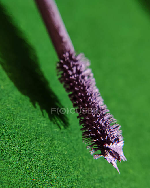 Macro photo of brush of purple mascara on green background — Stock Photo