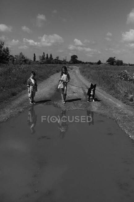 Estrada rural com uma grande poça e crianças com cão — Fotografia de Stock